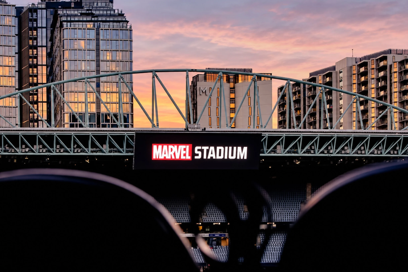 Marvel Stadium at sunset photographed by Tommy Creative